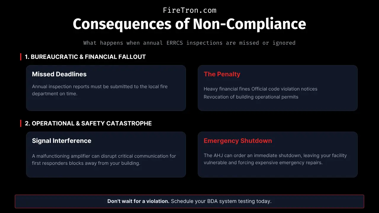 An infographic by FireTron.com outlining the bureaucratic, financial, operational, and safety consequences of missing annual ERRCS inspections, including heavy fines, signal interference, and emergency system shutdowns by the AHJ.