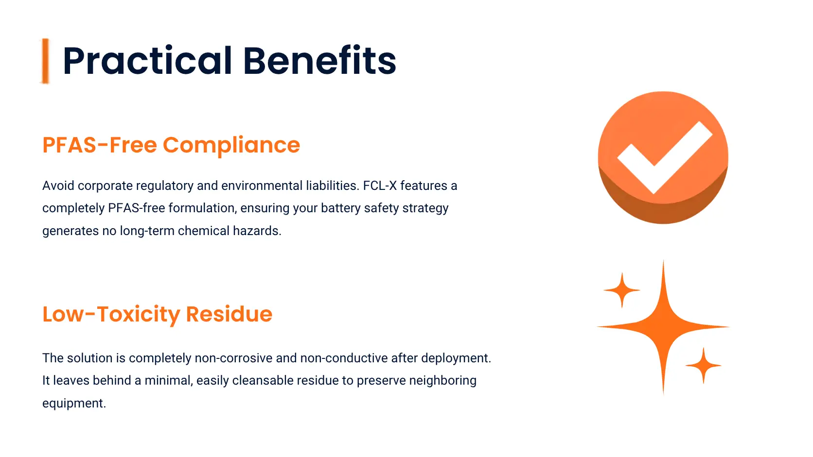A presentation slide titled "Practical Benefits" highlighting two points: "PFAS-Free Compliance" illustrated with an orange checkmark icon, and "Low-Toxicity Residue" illustrated with orange sparkle icons.