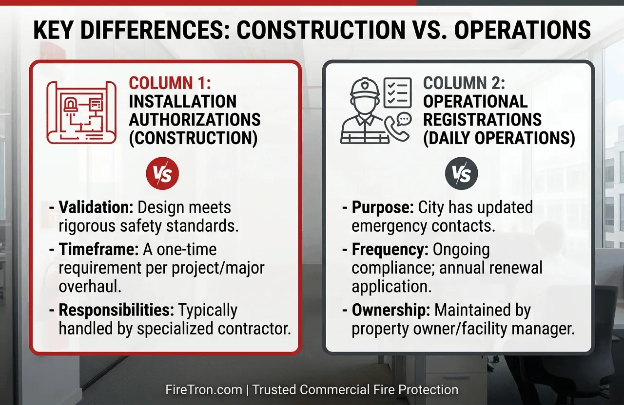 An infographic comparing 'Column 1: Installation Authorizations (Construction)' with red blueprint icon, versus 'Column 2: Operational Registrations (Daily Operations)' with a grey official icon.