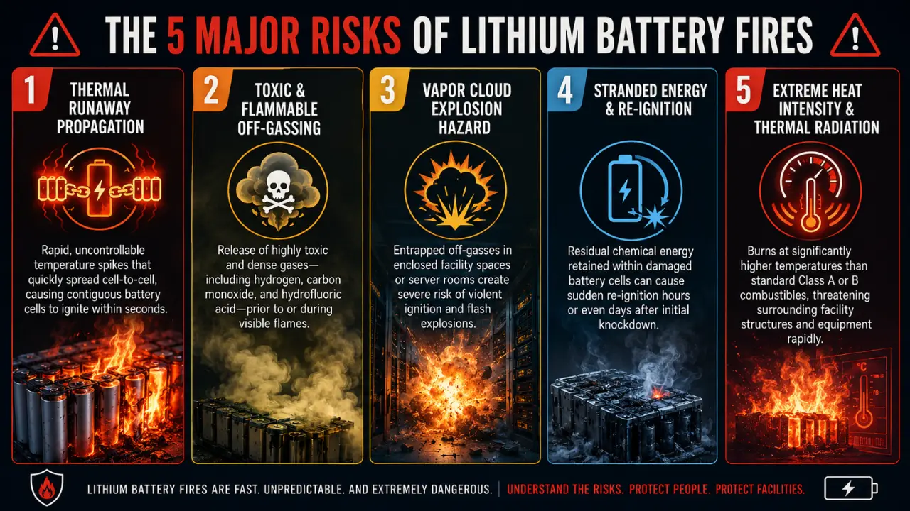 Commercial lithium-ion battery energy storage system (BESS) unit in a facility with clean-agent fire suppression components.