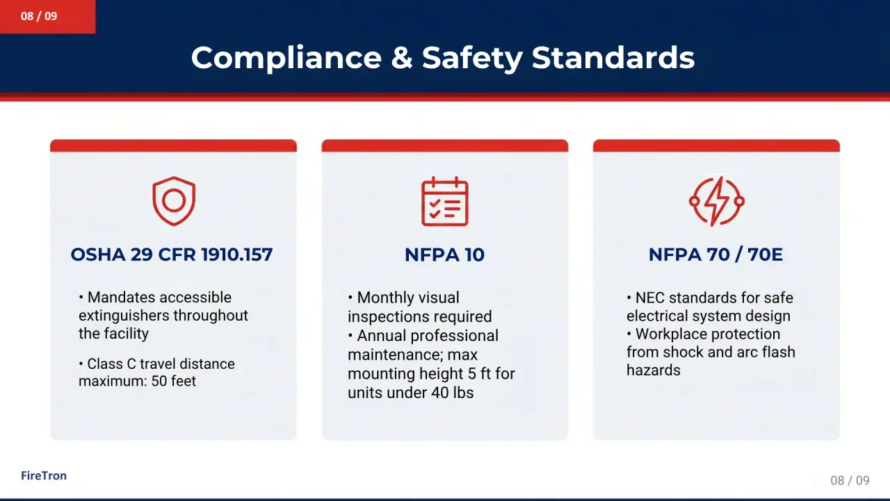 Compliance infographic detailing electrical safety regulations including OSHA 29 CFR 1910.157 travel distances, NFPA 10 visual inspection mandates, and NFPA 70/70E NEC codes.