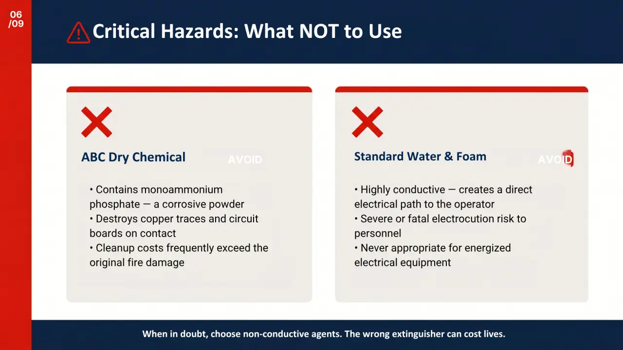 Educational fire safety diagram titled "Critical Hazards: What NOT to Use," warning against using corrosive ABC dry chemicals or conductive water and foam on electrical fires.