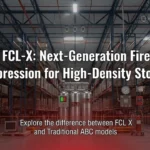 A commercial warehouse interior with tall storage racks showcasing specialized silver FCL-X fire suppression cylinders alongside text comparing them to traditional ABC models.