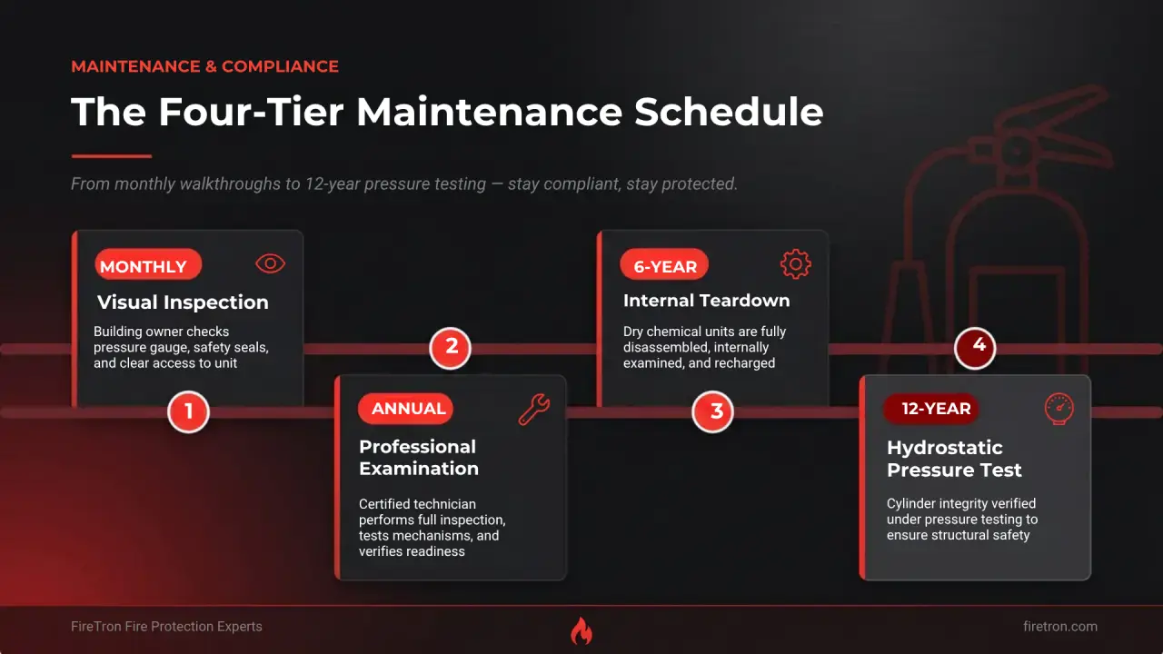 Infographic showing FireTron’s Four-Tier Maintenance Schedule for fire extinguishers, detailing monthly visual inspections, annual professional examinations, 6-year internal teardowns, and 12-year hydrostatic pressure tests.