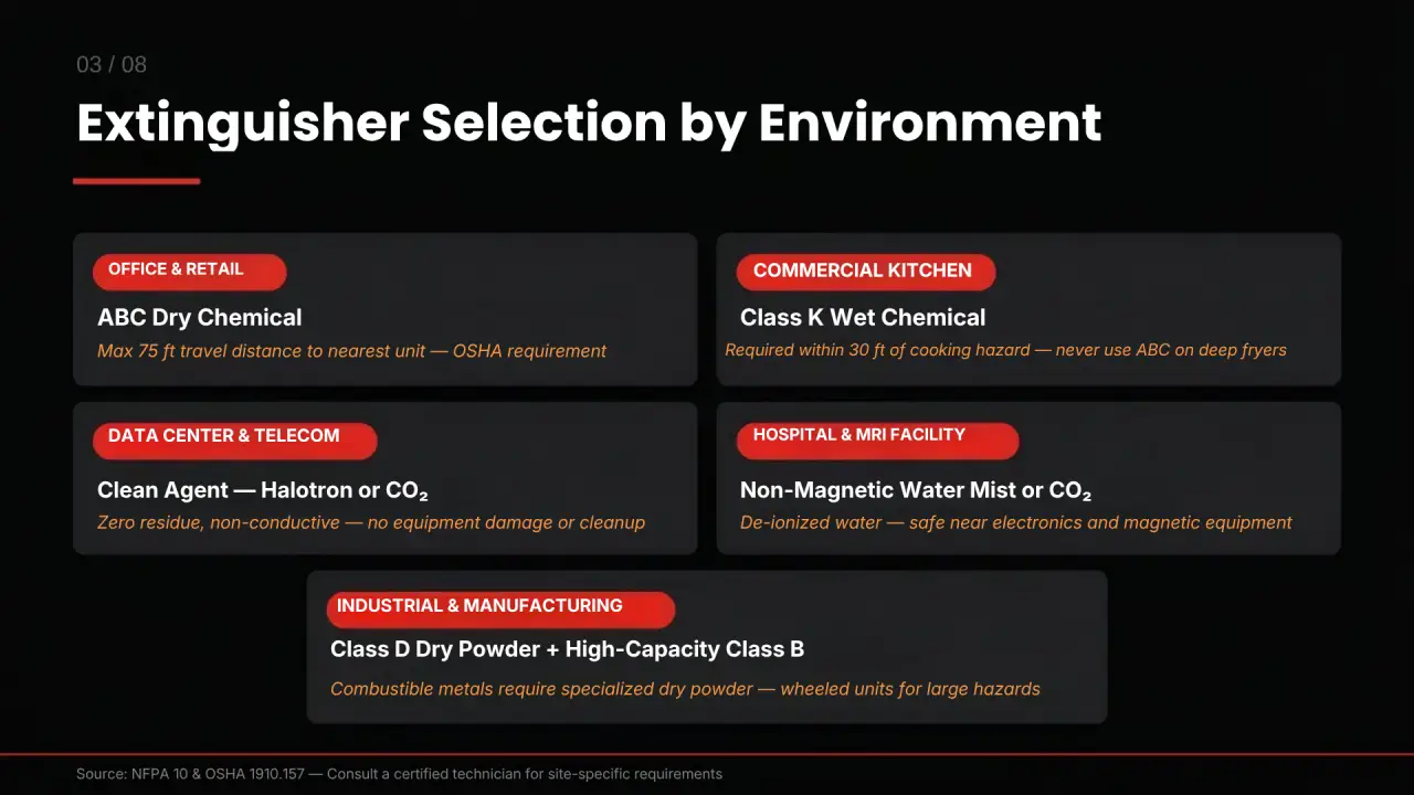 Infographic outlining NFPA 10 and OSHA fire extinguisher placement rules, showing maximum walking travel distances for Class A, B, and K hazards, structural mounting heights, and 4-inch floor clearance requirements.