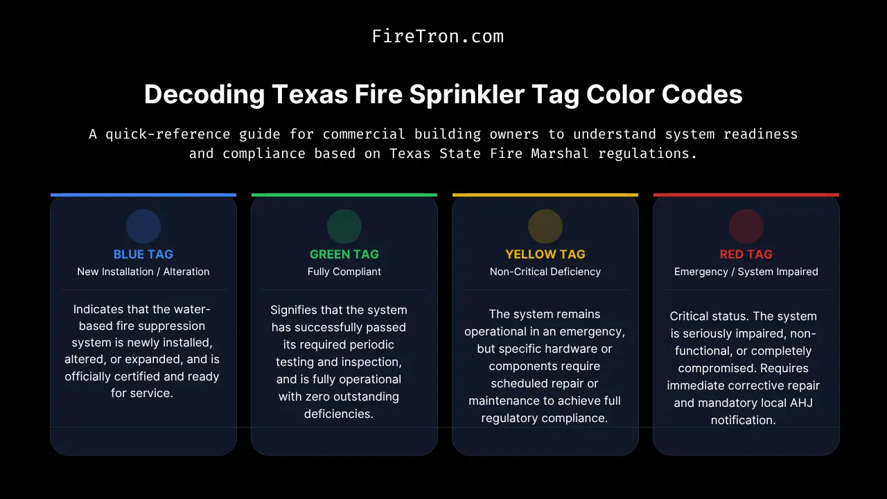 Infographic explaining Texas fire sprinkler tag color codes for compliance: blue for new installations, green for fully compliant, yellow for non-critical deficiencies, and red for system impairments.