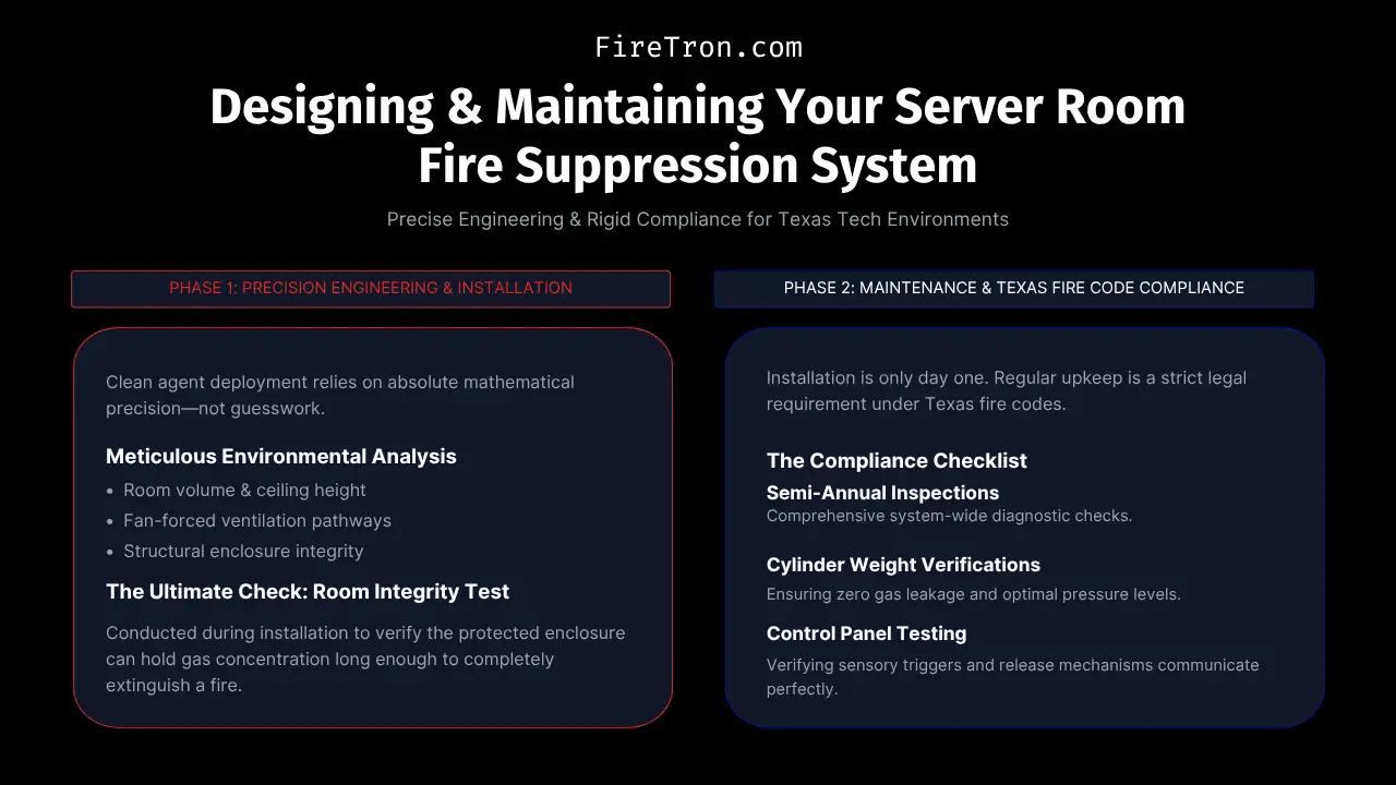 Infographic by Firetron.com comparing Traditional Water Sprinklers to Clean Agent Gaseous Suppression for Texas server environments, highlighting why clean agents safeguard multi-million dollar asset investments without water damage.