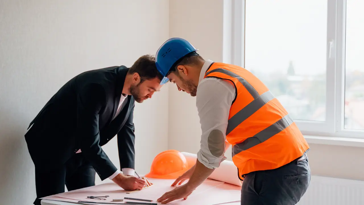 Two professionals—one in business-casual attire (representing the property owner/developer) and one wearing a FireTron hard hat and safety vest—leaning over a layout table.