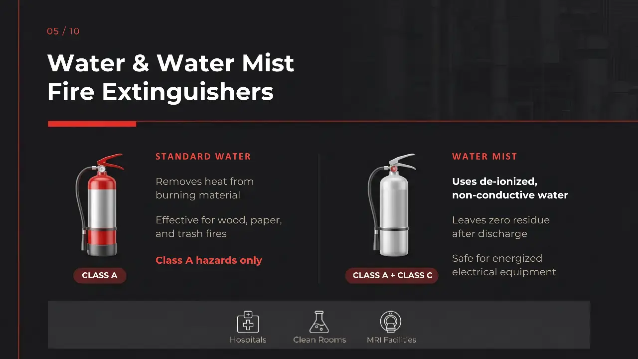 FireTron Fire Protection presentation title slide titled "The Different Types of Fire Extinguishers and Their Uses: A 2026 Guide to Fire Safety & Compliance" featuring a 3D red fire extinguisher on a dark red and black background.