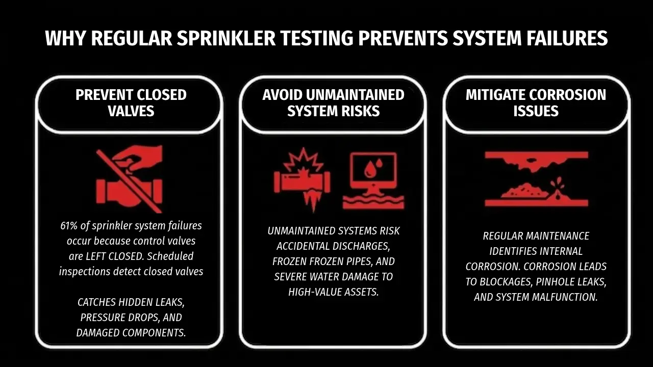 Infographic titled "Why Regular Sprinkler Testing Prevents System Failures" detailing three key benefits: preventing closed valves, avoiding unmaintained system risks, and mitigating corrosion issues.